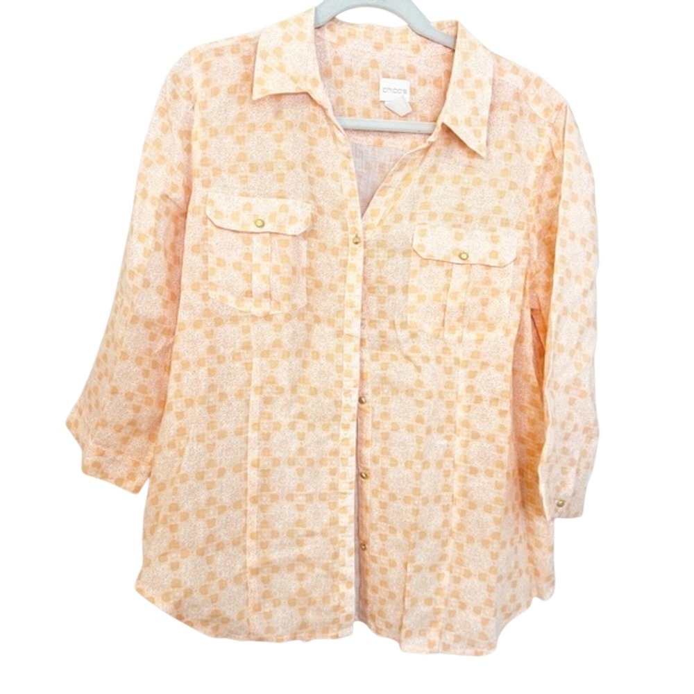 Chicos 100% Linen Button Down Shirt Peach Orange Medallion Size 2 Large Womens